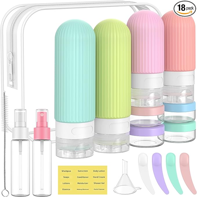 ME.FAN Travel Bottles for Toiletries,18 Pack Silicone Portable Size Bottle, TSA Approved Refillable Cosmetic Container Kits for Conditioner, Shampoo, Lotion,Face Cream - Bright by MEFAN