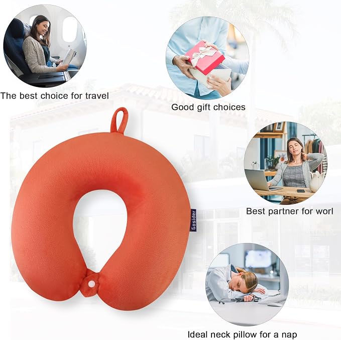 Orange Memory Foam Velvet Travel Neck Pillow for Airplane Car Train - Image 6