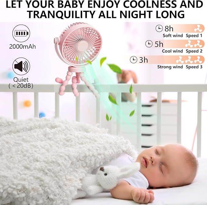 snawowo Mini Handheld Personal Portable Fan, Baby Stroller Fan Pink | Car Seat USB or Battery Powered, with Flexible Tripod Clip on Student Bed Desk Bike Crib Treadmill Camping Traveling - Image 4