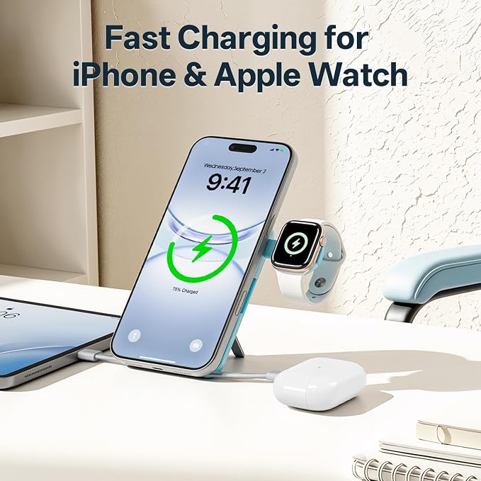 Q Magnetic Wireless Portable Charger 10,000mAh, Travel Essentials Power Bank with Built-in Cables & Foldable Stand, External Battery Pack Compatible with iPhone 17/16/15/14/13/12, Apple Watch - Image 2