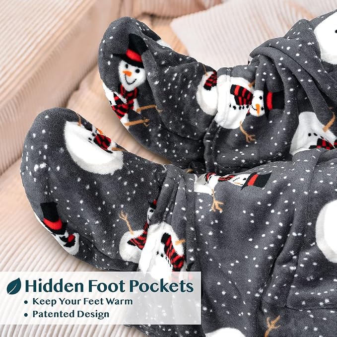 PAVILIA Fleece Blanket with Sleeves, Foot Pockets for Women Men Adults, Plush Wearable Blanket Throw Wrap, Warm Snuggle Blanket Robe, Cozy Gift Ideas Wife Mom, Snowman Gray - Image 2