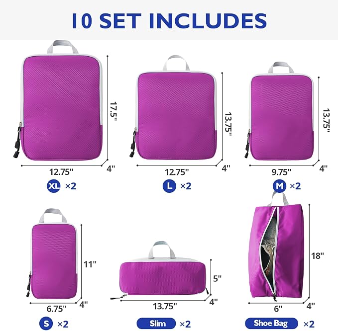 Compression Packing Cubes, 10 Set Packing Cubes for Travel Compression, Lightweight Compressible Package Organizer for Carry On and Suitcases, Purple and Grey - Image 3