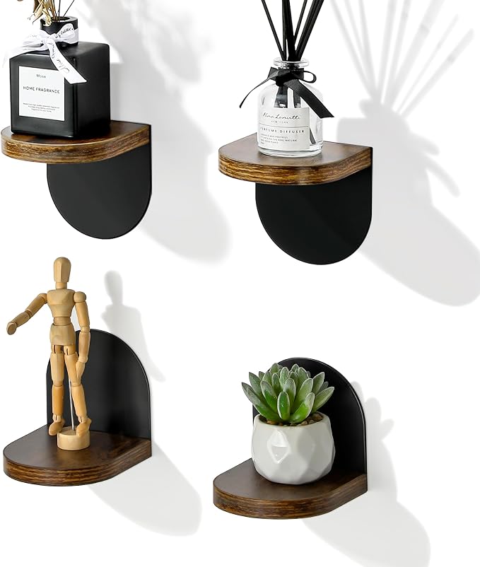 SAYAYO Small Floating Shelves for Wall Storage, 4 x 4 Inch Adhesive Shelves | Mini Shelf for Bedroom Decor, Display Wood Shelf Organizer with Black Base for Living Room, Office, Balcony, 4 PCS by SAYAYO