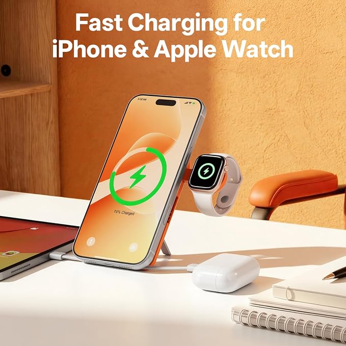 Q Magnetic Wireless Portable Charger 10,000mAh, Travel Essentials Power Bank with Built-in Cables & Foldable Stand, External Battery Pack Compatible with iPhone 17/16/15/14/13/12, Apple Watch - Image 2