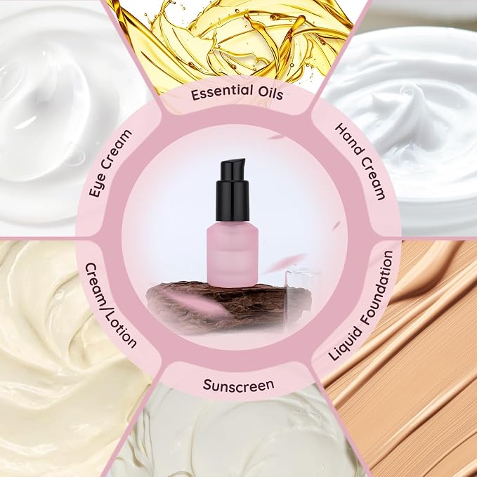 Segbeauty 0.5oz Frosted Glass Lotion Pump Bottles, 5pcs Refillable Empty Travel Size Bottles for Lotions, 15ml Pink Glass Small Travel Containers for Creams, Mini Hair Oil Bottle Pump Dispenser - Image 4