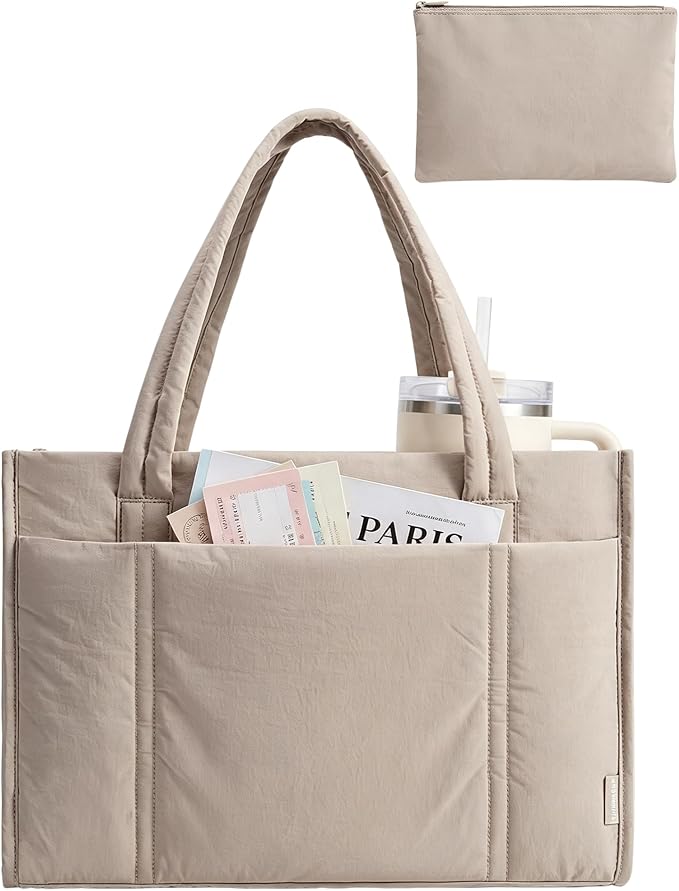 BAGSMART Tote Bag for Women, Puffy Work Tote Bag with Zipper, Quilted Large Teacher Bag for Work, Travel by BAGSMART