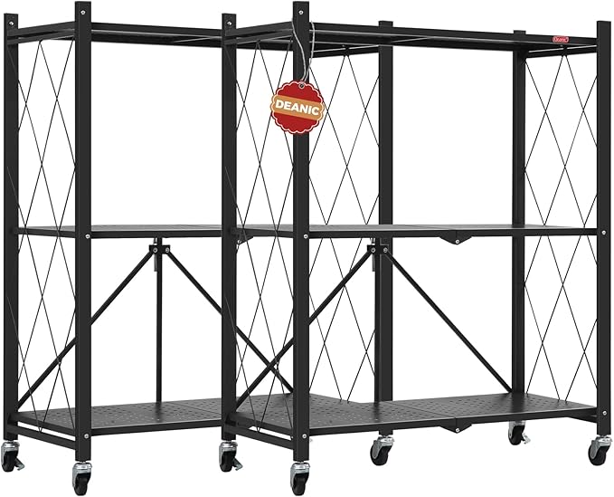 DEANIC 3 Tier Foldable Storage Shelves with Wheels, Kitchen Appliance Stand, Freestanding Metal Wire Shelf Rack, No Assembly Organizer Rolling Cart for Garage, Basement, Pantry(Black Pack of 2) by ShowNow