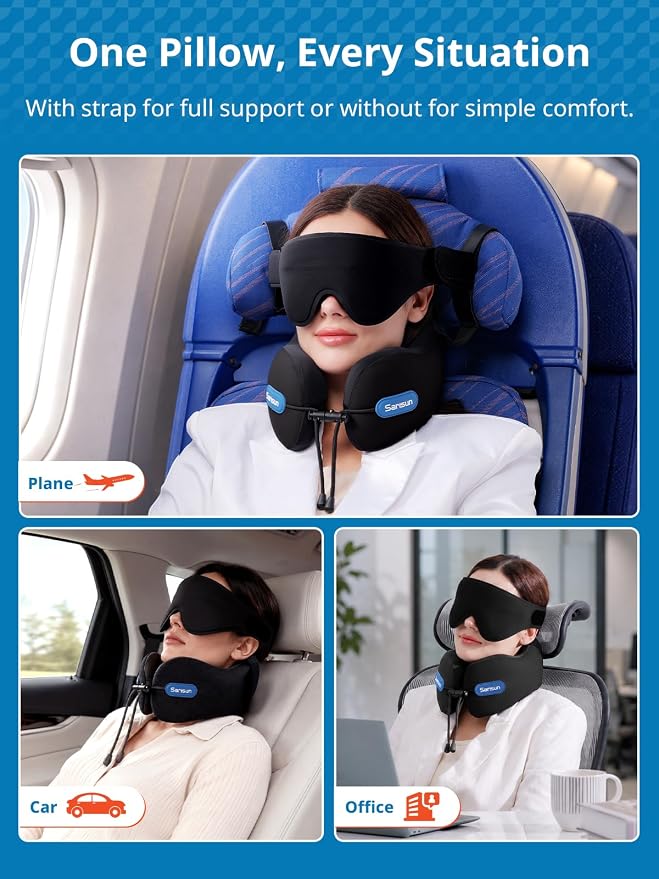 SARISUN Travel Neck Pillow with Strap & Eye Mask for Airplane Sleep Support | Airplane Pillow with Memory Foam, 3D Sleep Mask, for Comfort Sleep on Long Flight/Car Trip/Train Travel Essentials Grey - Image 8