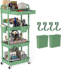 4 Tier Rolling Utility Cart with Drawer, Plastic Storage Organizer Rolling Carts with Wheels Handles Hanging Cups Hooks for Office, Bathroom, Kitchen,Craft Art Room (Green) by LLMRR