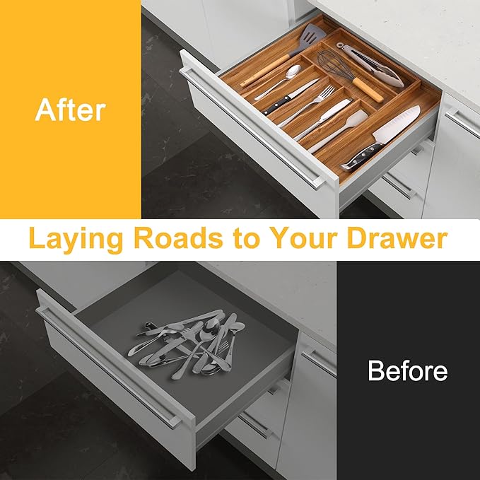 Large Premium Acacia Silverware Organizer - Expandable Drawer Organizer & Utensil Organizer - 17"x19.7" Cutlery Tray with Dividers for Kitchen Utensils and Flatware (7-9 Slots) Acacia - Image 4