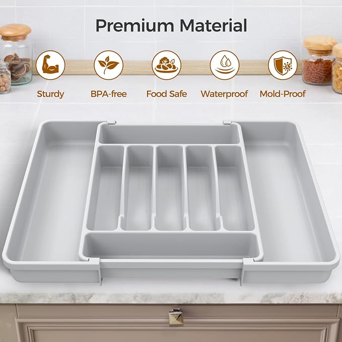 ukeetap Extra Large Expandable Silverware Organizer, Flatware Tray,Gray | BPA-Free Food-Safe Kitchen Utensil Cutlery Drawer Organizer, Adjustable Silverware Holder for Spoons Forks Knives - Image 4