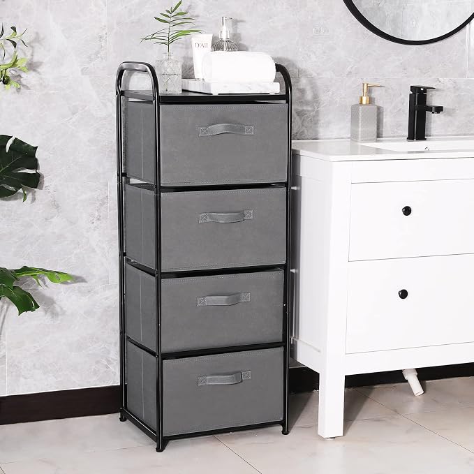 MAX Houser 4 Drawer Fabric Dresser Tall Storage Tower, Dresser Chest with Wood Top, Vertical Nightstand Side Organizer Unit with Metal Frame for Closets Bedroom Nursery Room Hallway(Leaden) | Dresser Chest with Wood Top, Vertical Nightstand Side Organi... - Image 4
