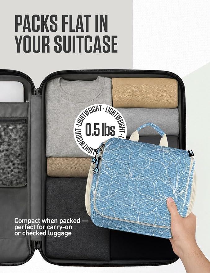 VENTURE 4TH Hanging Travel Toiletry Bag, 17 Compartments - Blue Flowers | Hangs on rails, hooks or doors; stands upright too. Removable TSA pouch. Water-resistant 900D Nylon, reinforced stitching. - Image 8