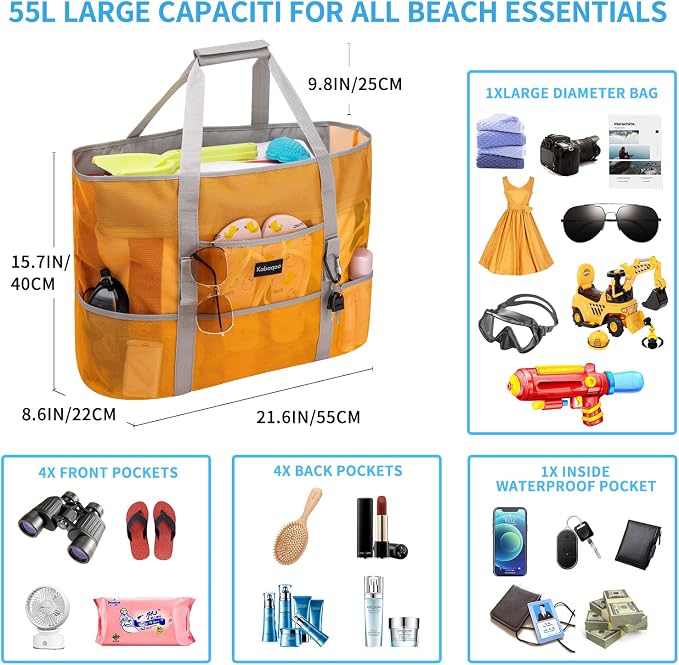 KABAQOO Mesh Beach Bag, Extra Large Beach Bags with 9 Pockets & Zipper Waterproof Lightweight Beach Tote for Beach/Pool Trip - Image 3