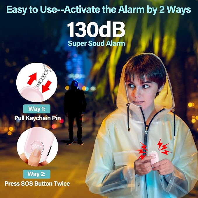 Hion Personal Safety Alarm for Women, 3 Pack Rechargeable 130dB Self Defense Alarm Keychain with LED Flashlight, Emergency Safe Sound Security for Children Elderly, Black+Pink+Blue - Image 2