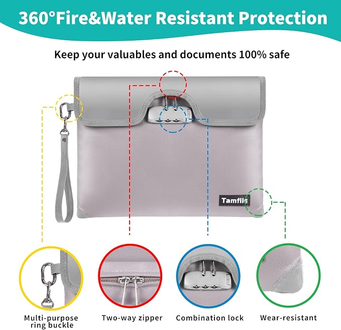 5200F Fireproof Money Bag with Lock, Waterproof Document Bag with Zipper, 8 Layers Fire Insulation, Safe Storage Pouch for Cash, Passport, Certificate (10" x 13", Silver) - Image 5