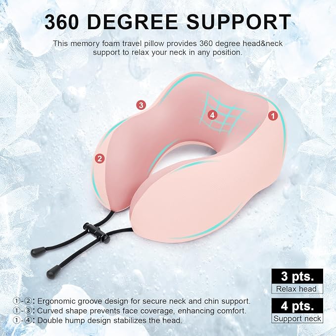 urnexttour Travel Pillow for Airplane Memory Foam Neck Pillow, Soft & Support Travel Pillow for Travelling, Sleeping Rest, Car, Train and Home Use (Pink) - Image 2