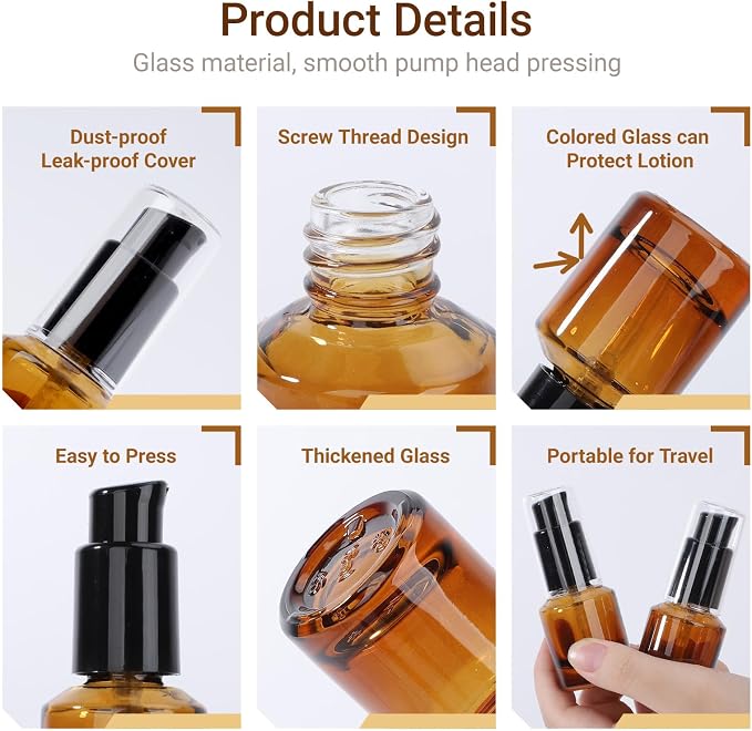 Segbeauty 0.5oz Empty Glass Refillable Travel Bottles, 5pcs Lotion Pump Bottle Dispenser, 15ml Amber Mini Empty Travel Size Bottles for Creams, Small Lotion Dispenser with Pump Liquid Container - Image 2