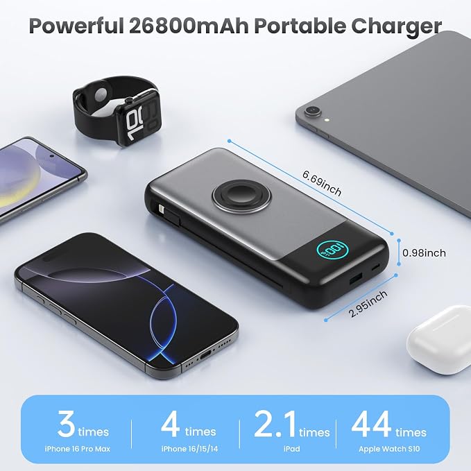 Portable Charger for iPhone with Built-in Cables and AC Wall Plug,26800mah Fast Charging USB C Power Bank,25W PD Travel Essential Battery Pack for iPhone 17/16/15/14/13,Galaxy,Apple Watch (Black) - Image 3