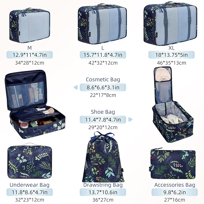 BAGAIL 8 Set Packing Cubes Luggage Packing Organizers for Travel Accessories-Navy Leaf - Image 2