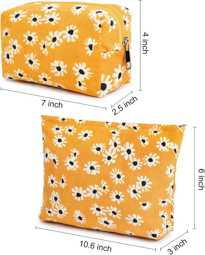 SOIDRAM 2 Pieces Flower Makeup Bag Large Cosmetic Bag Capacity Canvas Mix Travel Toiletry Bag Organizer Cute Makeup Brushes Aesthetic Accessories Storage Bag for Women,Little Flower Mix Yellow - Image 3
