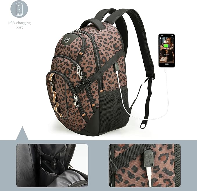 Swissdigital Laptop Backpack, Brown Leopard, SD803-103 | USB Charging Port, Travel Backpack, 31l Capacity, Backpack For Men and Women - Image 6
