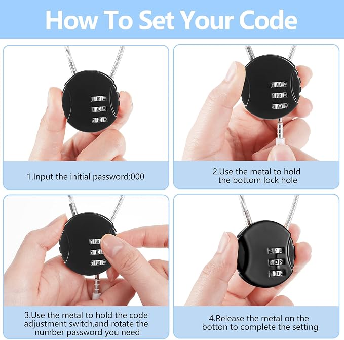 8 Pack 3 Digit Combination Cable Padlock,Black Color | Resettable for Gym Locker Luggage Backpack, Waterproof Outdoor Security, Small Combo Lock for Travel School Storage - Image 4