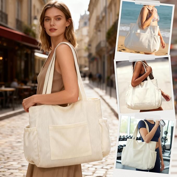 Corduroy Tote Bag for Women,Large Capacity Cute Tote Bags With 6 Pockets,Crossbody Shoulder Handbag for Work Travel Gym - Image 2