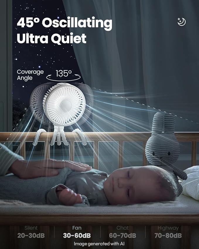 Gaiatop Oscillating Baby Stroller Fan with LED Lights, Rechargeable White | 4-Speed Quiet Cooling, 4.6 In, Battery Operated, 360° Rotate Clip On Small Portable Fans for Car Seat Crib Treadmill Travel - Image 4