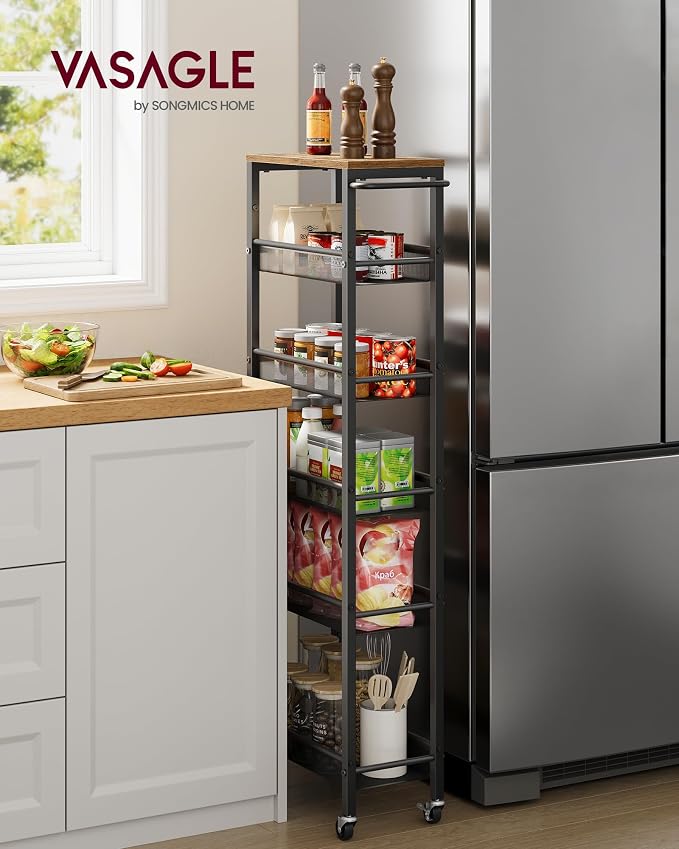 VASAGLE 6-Tier Slim Rolling Storage Cart, Narrow Kitchen Cart with Wheels, Utility Organizer, 17.9 x 8.7 x 51.7 Inch, for Bathroom Pantry, Rustic Brown and Matte Black, Dacey Collection ULRC039K101 - Image 2