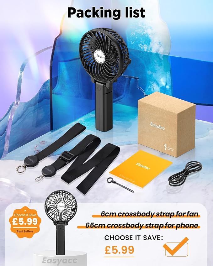 EasyAcc Portable Rechargeable Handheld Fan, Ultra Quiet, 180° Foldable, Up to 10 Hours, 3 Speeds, Personal Fan with Built-in Battery for Home, Travel, Outdoor, Office, Black - Image 7