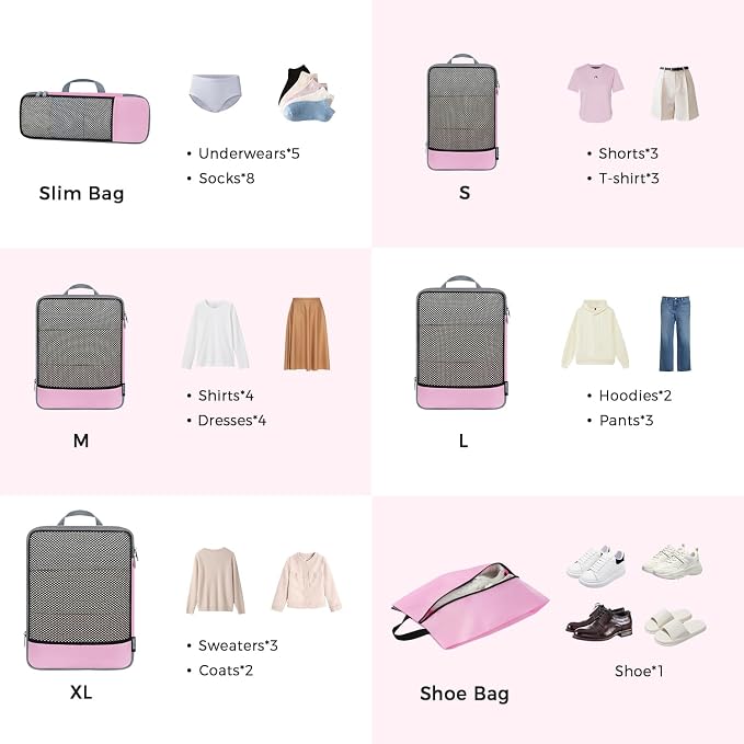 BAGAIL 4 Set/6 Set/8 Set Compression Packing Cubes Travel Accessories Expandable Packing Organizers (Half Mesh, 6-Pink) - Image 7