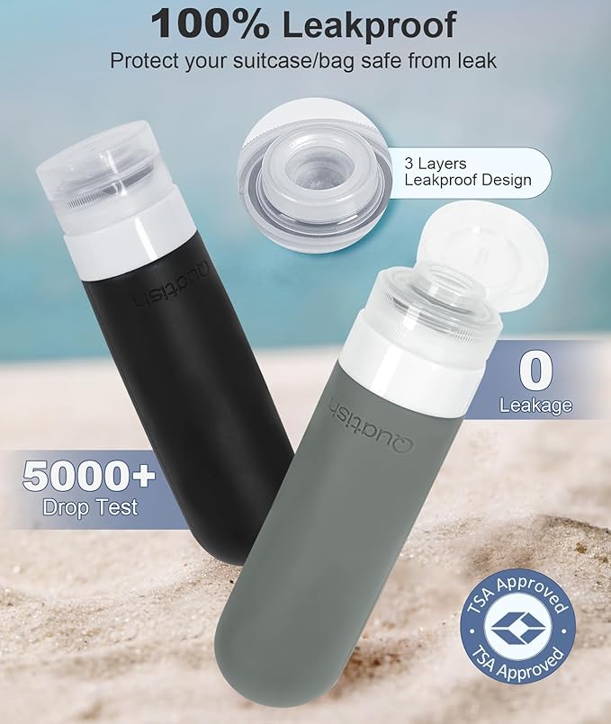 Quatish Travel Bottles for Toiletries 6 Pack, Original Patented Leakproof 3 oz Tsa Approved Travel Size Containers, BPA Free Silicone Shampoo and Conditioner Bottles, Cruise Camping Essentials, Black - Image 3
