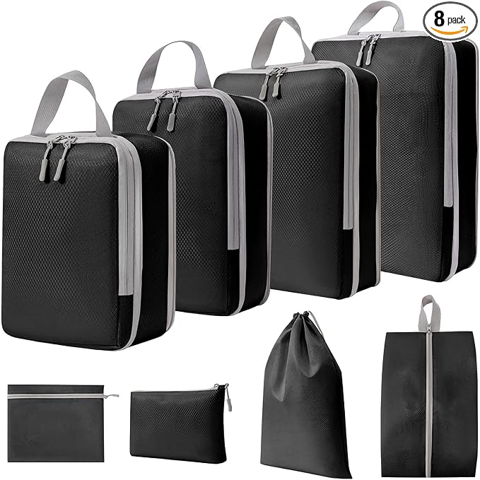 WOOMADA Compression Packing Cubes for Suitcases Travel Essentials 8 Set Expandable Travel Bags Organizer for Luggage(black) by WOOMADA