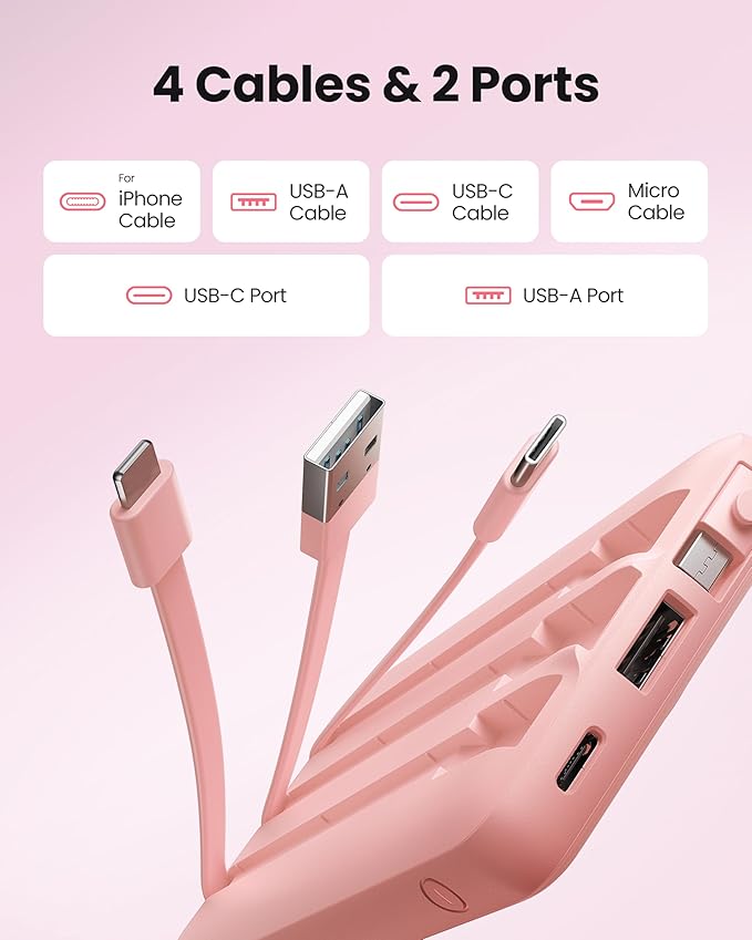 Portable Phone Charger, Slim 10000mAh Travel Essentials Power Bank with Cords Wires, Battery Pack 5 Outputs 2 Inputs LED Display Compatible with iPhone/Android & More (Pink) - Image 2