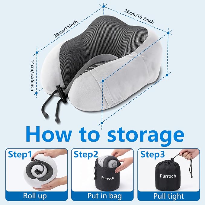 Purroch Travel Neck Pillow, Memory Foam Ergonomic U-Shape Neck Pillow with Chin Support, Head & Neck Support Travel Pillow for Plane, Car & Train, Gray - Image 2