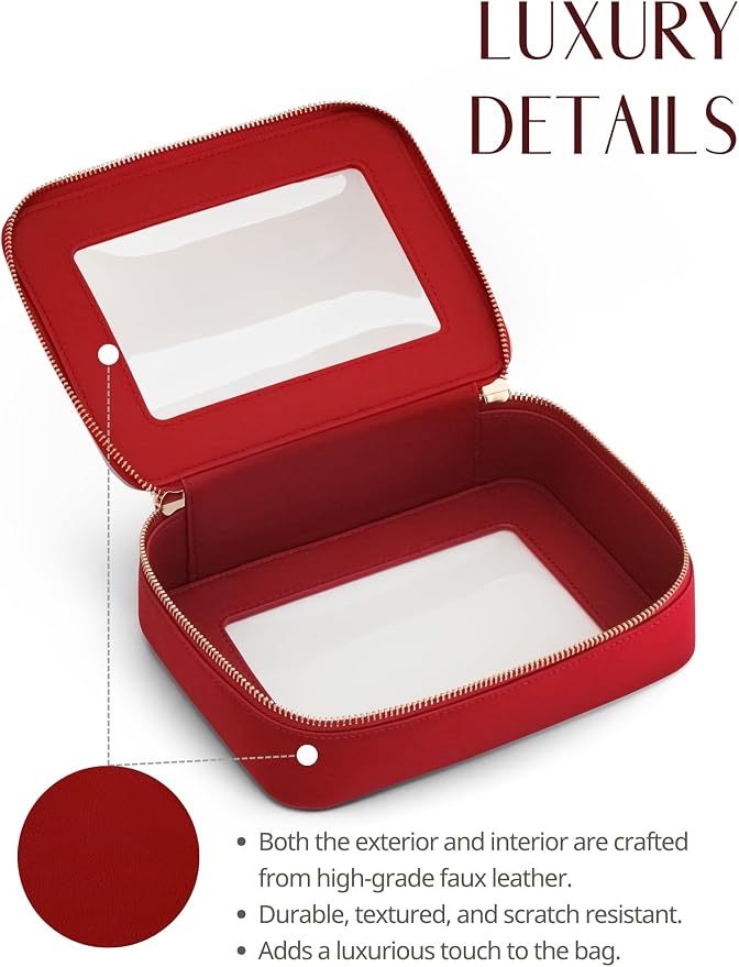 Clear Makeup Bag with Zipper, Women Travel Toilrty Bag Red Medium | Structured Clear Cosmetic Case, Car Essential Organizer Bag, Waterproof PU Leather, Dual Zipper, Wide Opening and Compact - Image 4