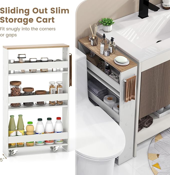 COSTWAY Slim 4-Tier Rolling Utility Cart, Wooden Shelving Unit with Handle & Wheels, Ideal for Small Spaces - Image 8