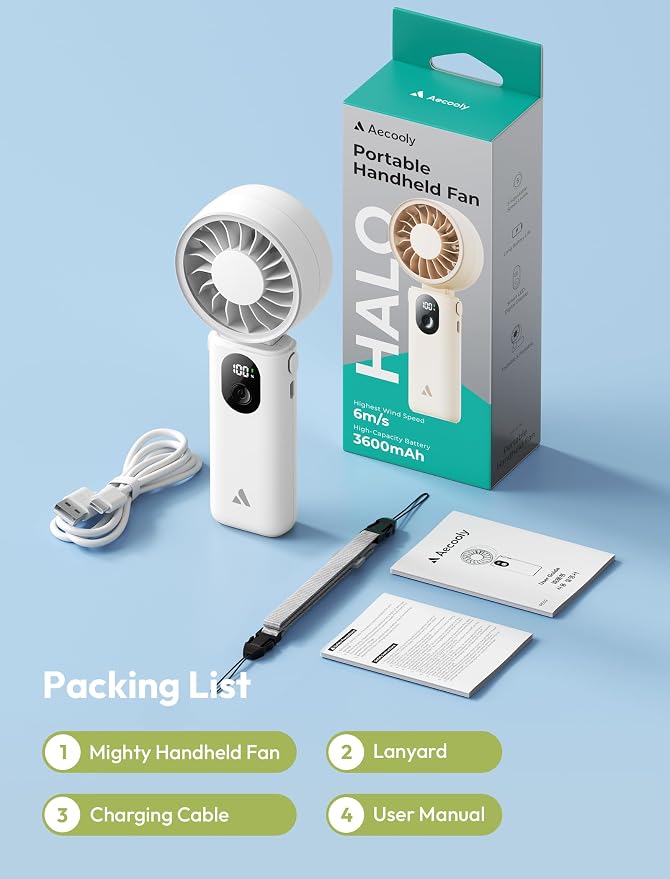 Aecooly Mighty Portable Handheld Fan | 20H Max Cooling | 3 Flexible Modes | 5 Speeds Wind | Battery Level Display | USB Rechargeable Mini Personal Battery Powered, Gifts for Women, Travel -White - Image 9