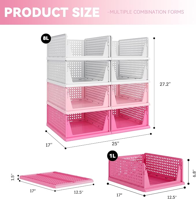 Pink Girl Closet Organizers and Storage Stackable Plastic Drawer Basket for Clothing Stackable Storage Bins Shelf Storage Container for RV Closet Wardrobe Bedroom Bathroom Playroom 8 Pack - Image 3