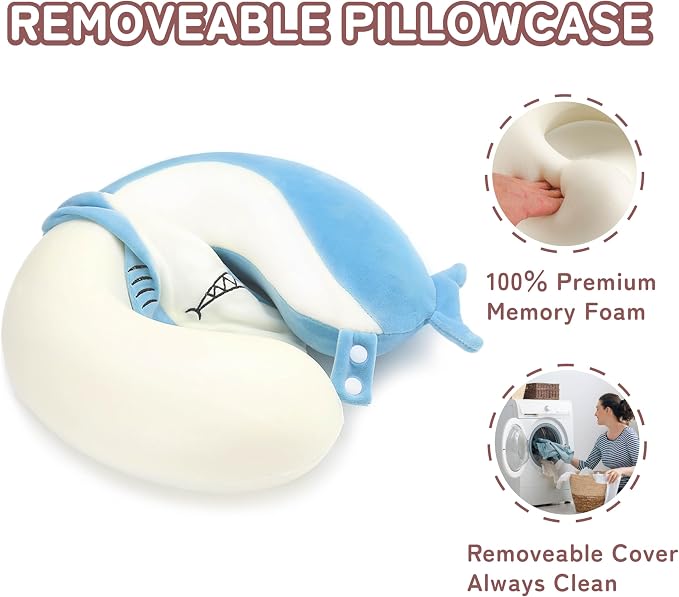 Memory Foam Kids Travel Neck Pillow for Ages 9+, Removable Cover, Shark | Machine washable, 17 in neck size for teens and adults, 360-degree head and chin support, car and airplane use - Image 3