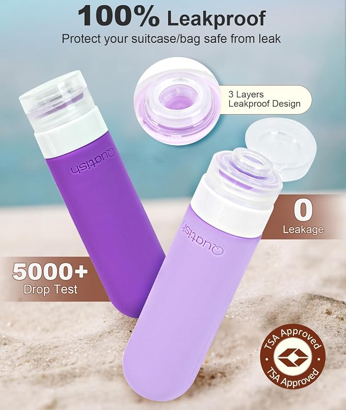Quatish Travel Bottles for Toiletries, Original Patented Leak Proof Travel Size Containers, 3 oz Tsa Approved Silicone Shampoo and Conditioner Bottles, 4 Pack,，Purple - Image 2