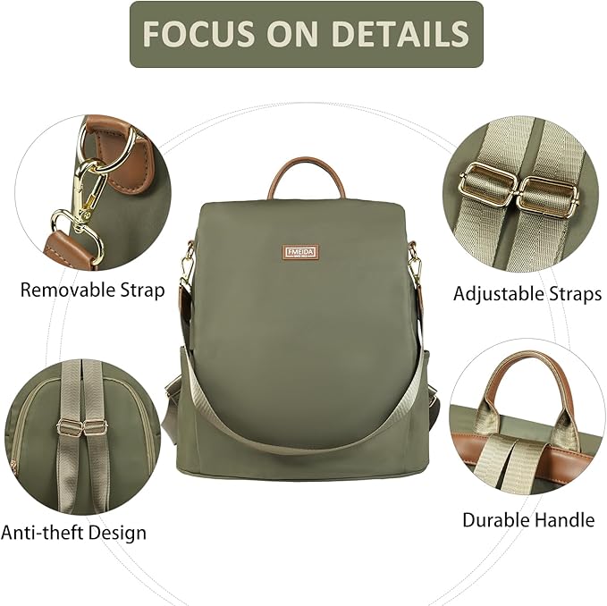 Convertible Backpack Purse for Women Anti Theft Nylon Backpack Green | Hidden Back Zipper Opening, Compact Travel Size,Summer Purse, Daypack for College Work, Fits 13-inch laptop - Image 4