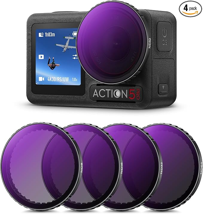 K&F CONCEPT Push-in ND Filter Kit for DJI Osmo Action 5 Pro | ND8 ND16 ND32 ND64 4 Pack Light Reduction Exposure Control Optical Glass Multi-Coated for Osmo Action 3/4, FD131 by KFCONCEPT
