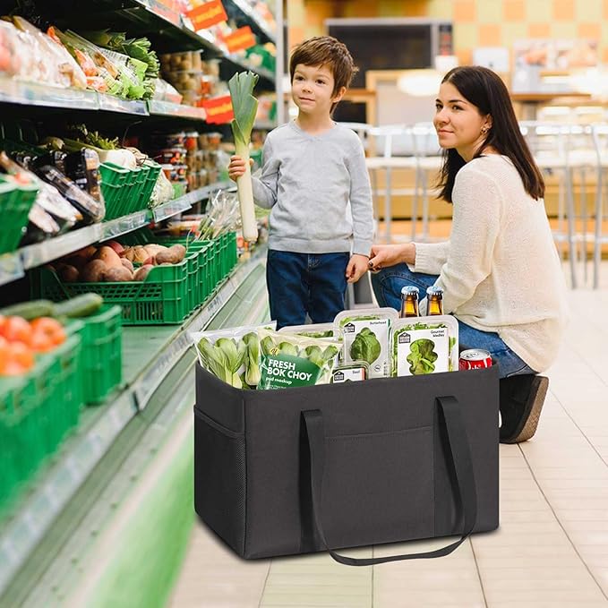 LHZK Standing Utility Tote Bag with Metal Wire Frame and the Sides Rinforced, Large Tote Bag with Handle, Reusable Grocery Bags Foldable, Beach Bag, Car Tote (Black, 18.5''x11.8''x11.5'') - Image 2