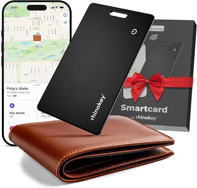 Rhinokey® Apple MFi Certified Wallet Tracker Card Works with Apple Find My | (iOS Only) Slim 0.07in Rechargeable IP68 Waterproof Tracker Item Finder Credit Card Tracker with Keychain Hole for Luggage by Rhinokey