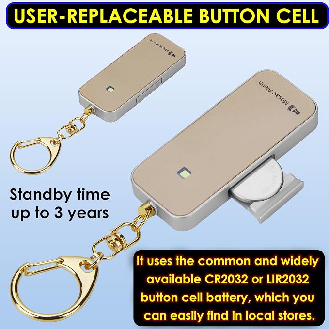 Ultrathin Personal Alarm Rainproof Ultra-Lightweight (0.8 oz) Bulky-Free Keychain Siren for Women, Students Safety. SOS Emergency 130db Hiking Alert Strobe Light. Replaceable Battery. Gold - Image 6