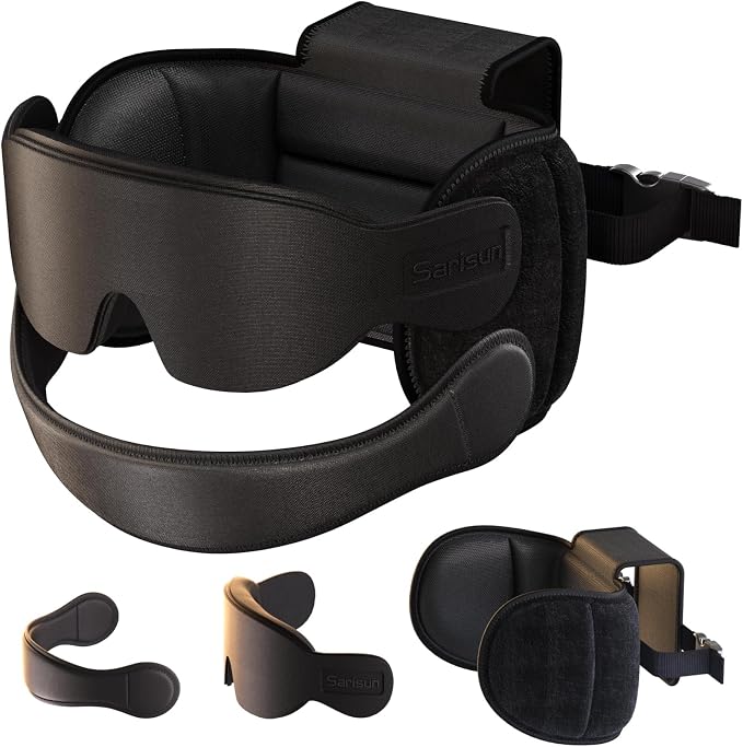SARISUN Travel Pillow with Chin Strap for Different Seats, Stable Support | Seat Strap System, Fits with/out headrests Seats, Stop Head Bobbing, 3D Eye Mask Airplane Pillow for Long Flight, Black by SARISUN