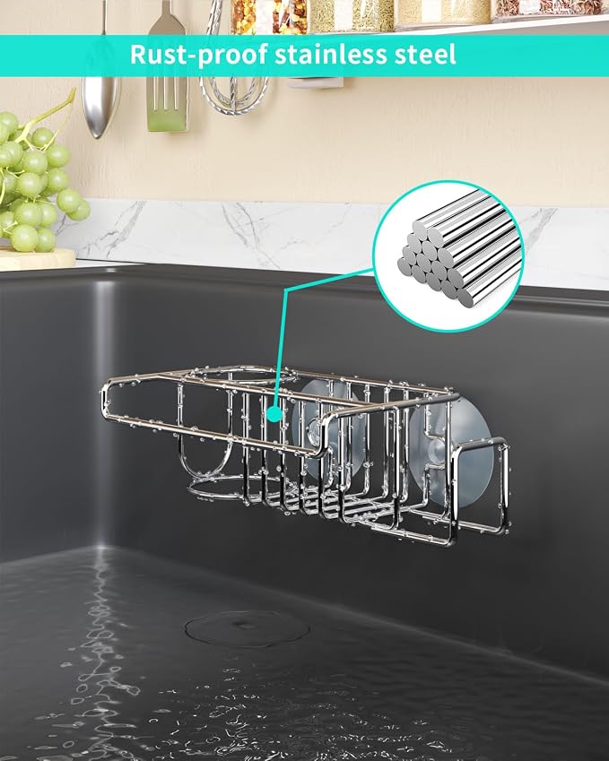 HapiRm Sink Caddy Sponge Holder - No Drill Sponge Caddy for Kitchen, Rustproof and Waterproof Kitchen Sink Organizer - Silver（2-Pack） - Image 4