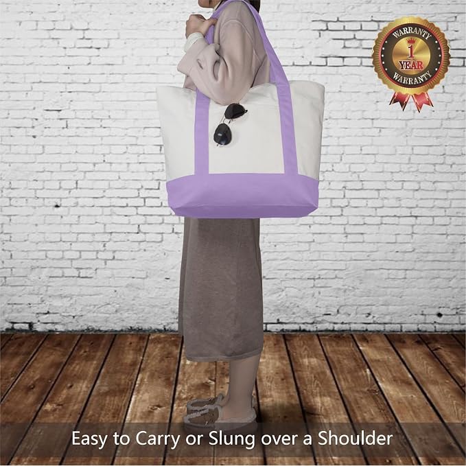 TOPDesign 1-Pack Canvas Tote Bag with an External Pocket, Reusable Grocery Shopping Bag, Top Zipper Closure, Daily Essentials (Lavender/Natural) - Image 2